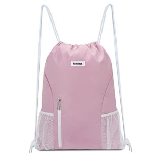 Pink Drawstring Backpack Sports Gym with Mesh Pockets
