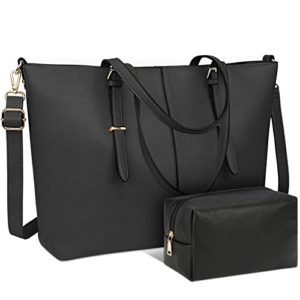 Black Lightweight Leather Laptop Tote Bag