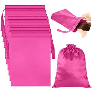 Rose Red Satin Wig Bags Soft Silky Pouches with Drawstring Tassel