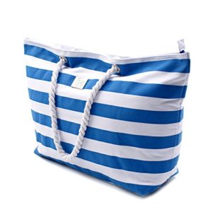 Large Canvas Striped Beach Bag - Top Zipper Closure
