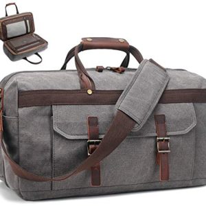 Grey Duffle Leather Bag Overnight Weekender