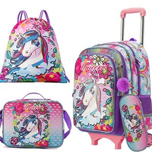 Unicorn Rolling Backpack for Girls 5 in 1 Elementary Student