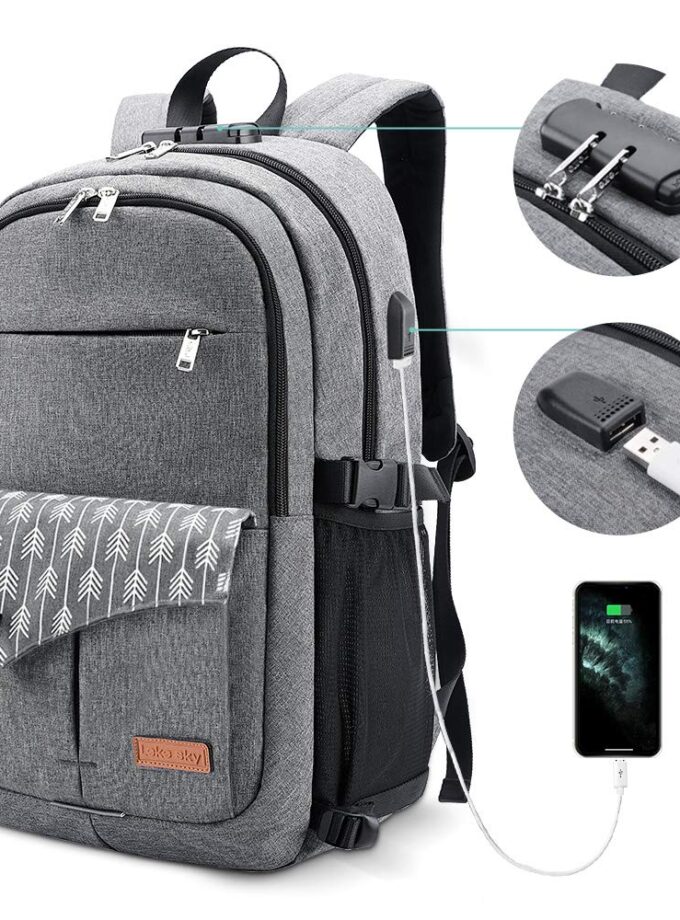 Grey Laptop Travel Backpack with USB Charging Port and Lock