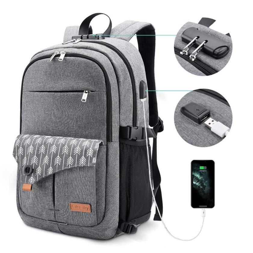 Grey Laptop Travel Backpack with USB Charging Port and Lock