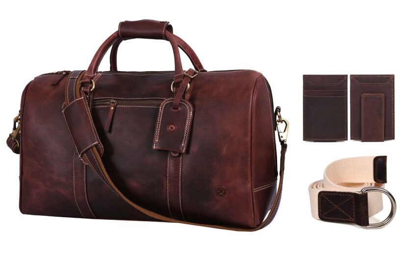 Leather Travel Duffle Bag with Wallet and One Size Belt