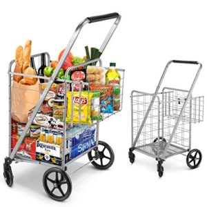Basket Grocery Cart 330 lbs Capacity Folding Shopping Cart with 360° Rolling Swivel