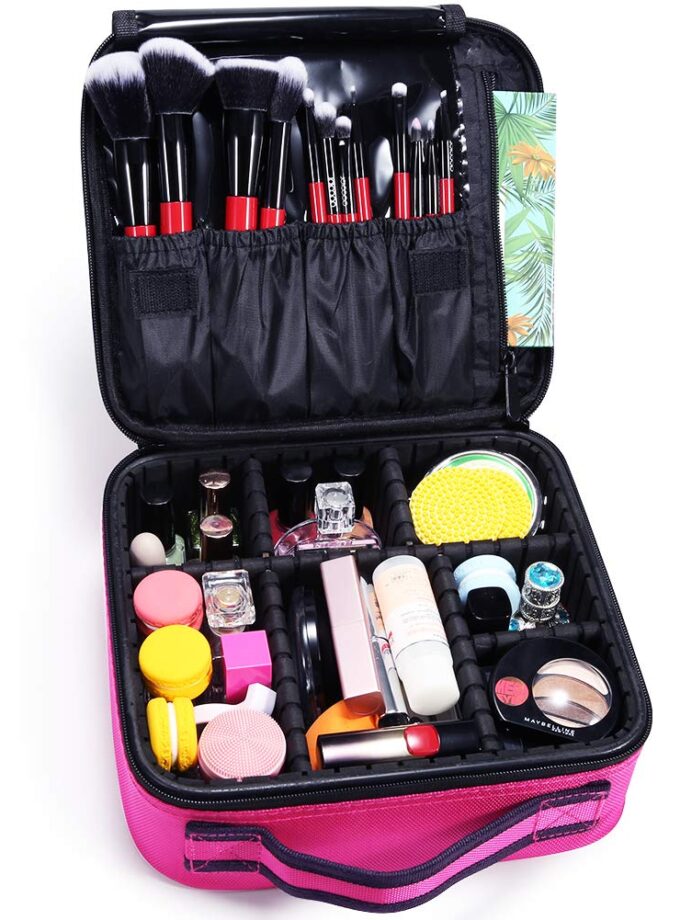 Double Layer Portable Cosmetic Bag with Adjustable Dividers