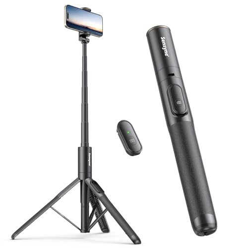 Sensyne 60" Phone Tripod & Selfie Stick in black with integrated wireless remote, adjustable 60" telescoping pole