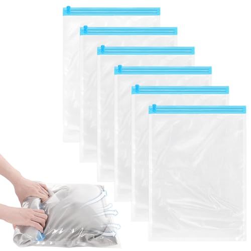 Prasacco 6-Pack Roll-Up Compression Bags – Set of 6 transparent blue storage bags with zipper closure, designed to save space and protect clothes and other items during travel or storage