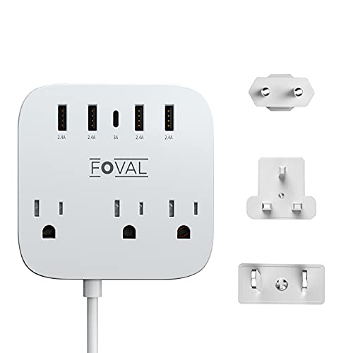 Compact European travel adapter with 3 AC outlets, 4 USB ports, and a USB-C port. Features a 5ft extension cord, smart charging technology, and advanced safety protection. Designed for global travel and home use, with a compact, non-slip design.