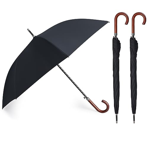 Two black, windproof umbrellas with wooden J-handles, featuring a large 48-inch canopy and an auto-open design, offering protection from rain and strong winds. 