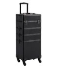 Yaheetech 4-in-1 professional makeup train case in black, featuring 360° swivel wheels and a sleek aluminum finish with detachable compartments for easy travel and storage