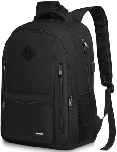 YAMTION Black Backpack featuring a sleek design with USB charging port, multiple pockets, and a dedicated laptop compartment. Ideal for students, professionals, and travelers