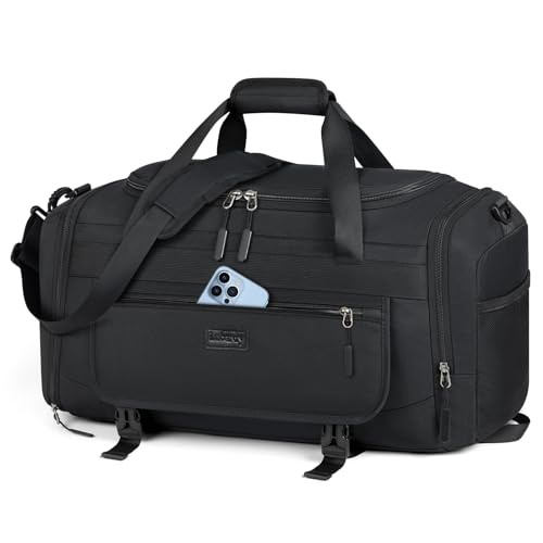 IGOLUMON 55L Gym Duffel Bag - Black Sports Bag with Shoe Compartment, Wet Pocket, and Water-Resistant Base for Travel and Workouts