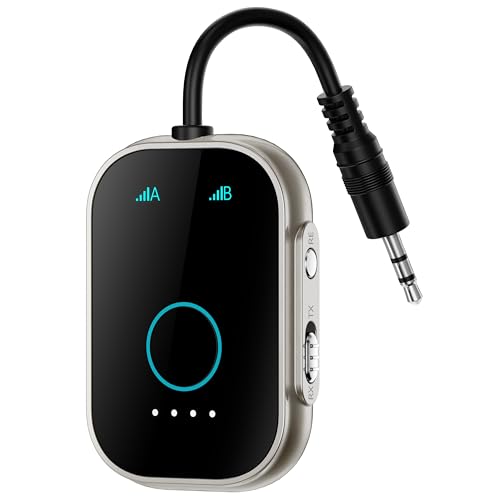 Compact Bluetooth 5.3 transmitter and receiver for TVs, airplanes, and gym equipment, with dual device connectivity and Qualcomm chipset for stable audio