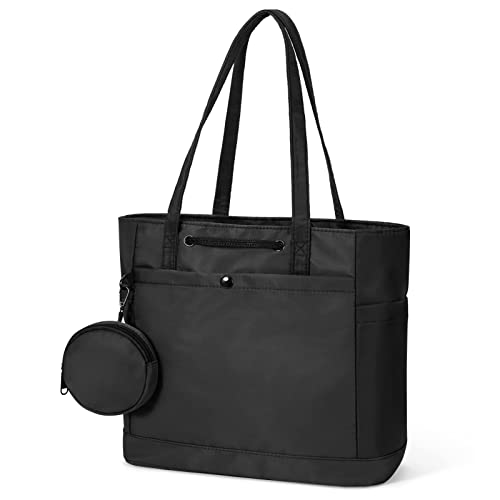 Stylish black nylon tote bag for women with large capacity and multi-pocket design, ideal for daily use. 