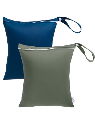 babygoal Travel Laundry Bags in Olive Green and Lake Blue, measuring 14.9 x 18.8 inches. Made from water-resistant polyester with a metal zipper and snap closure