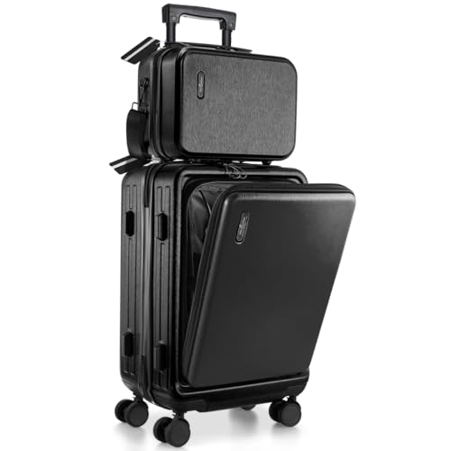 Durable 22-inch black hard-shell carry-on luggage with spinner wheels, including a cosmetic bag, designed for airline travel.