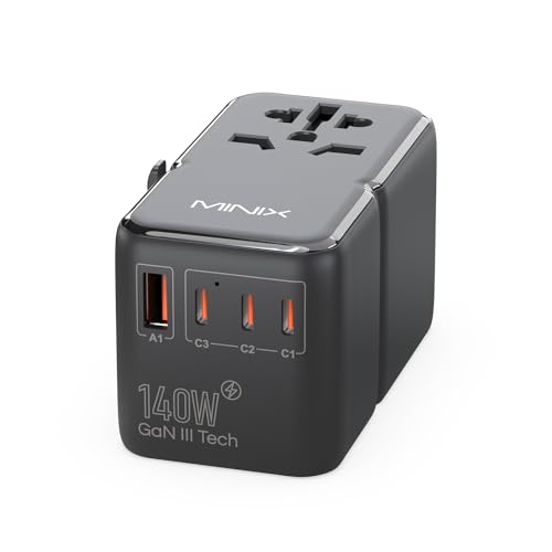 MINIX TP140 Universal Travel Adapter – 140W GaN Fast Charger with 1 USB-A and 3 USB-C Ports, International AC Socket, Worldwide Adapter with PD3.1 and QC4+ Support