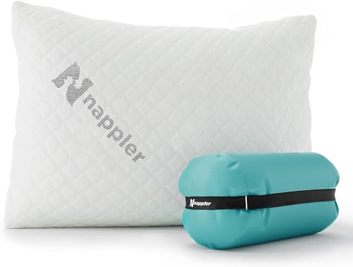 A compact, medium-firm shredded memory foam pillow with a breathable, sweat-resistant cover, ideal for camping, backpacking, and travel, shown with its travel bag for easy portability.