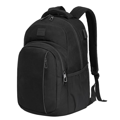 Black travel laptop backpack with USB charging port, multiple compartments, and padded back for comfort, designed for laptops up to 17 inches. 