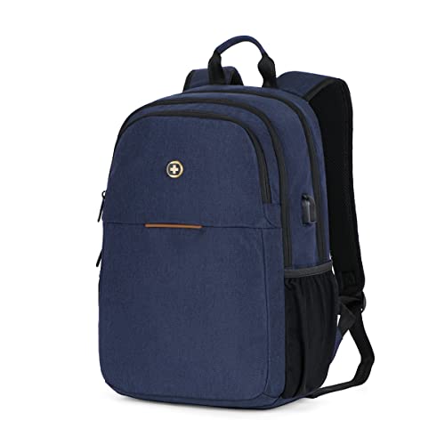 Swissdigital 17-inch college laptop backpack in dark blue featuring a USB charging port, RFID protection, and trolley sleeve for easy travel integration