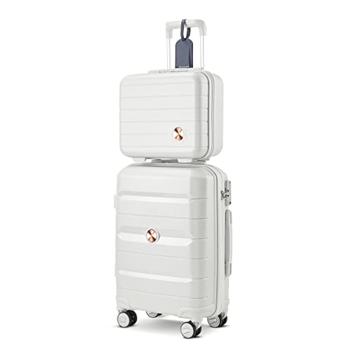 Somago 20" Carry-On Luggage Set in creamy white with a 14" mini cosmetic case. Features lightweight polypropylene construction