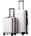 Coolife 2-piece white luggage set featuring a 20-inch carry-on with front pocket and a 28-inch suitcase, both with TSA lock and durable ABS+PC construction