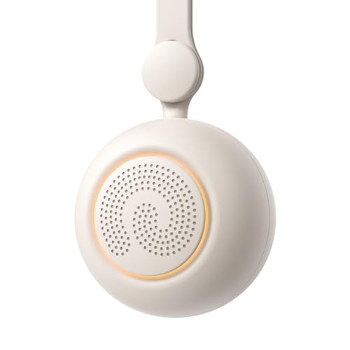 Dreamegg Portable Sound Machine in gray, featuring 19 soothing sounds and a dual-level nightlight, displayed attached to a stroller with a silicone strap