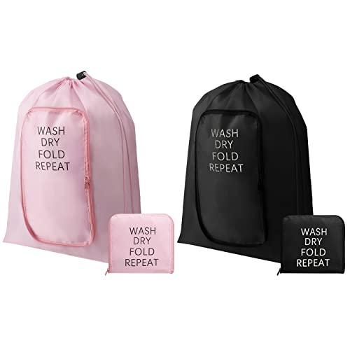 Two expandable travel laundry bags in pink and black, showing a compact folded size and fully opened dimensions, with zipper and drawstring closures