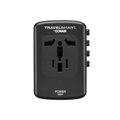 Universal travel adapter by Conair with USB-C fast charging, four USB-A ports, and plug compatibility in 150+ countries, designed for charging multiple devices safely on international trips.