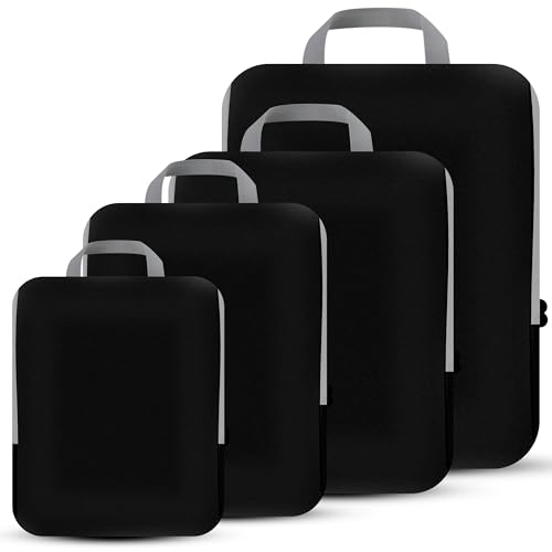 4-piece black compression packing cubes set for travel, showcasing compact design and space-saving compression technology