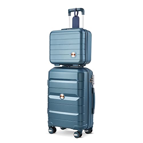 Somago 2-Piece Ice Blue Travel Luggage Set with Carry-On and Cosmetic Case, featuring TSA Lock, YKK Zipper, and 360° Spinner Wheels for Smooth and Secure Travel