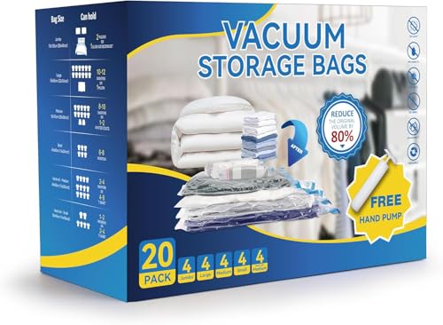 20 Pack Space Saver Vacuum Storage Bags – Assorted Sizes with Hand Pump for Efficient Storage of Bedding, Clothes, and More