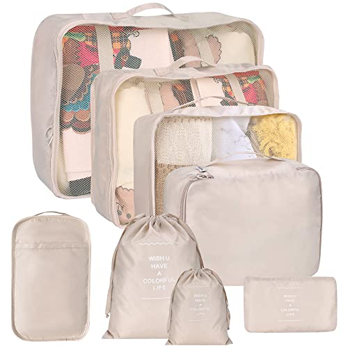 Kingdalux 8-Piece Travel Packing Cubes Set in beige-khaki, including various sizes of compression bags, laundry bag, and organizers for clothing