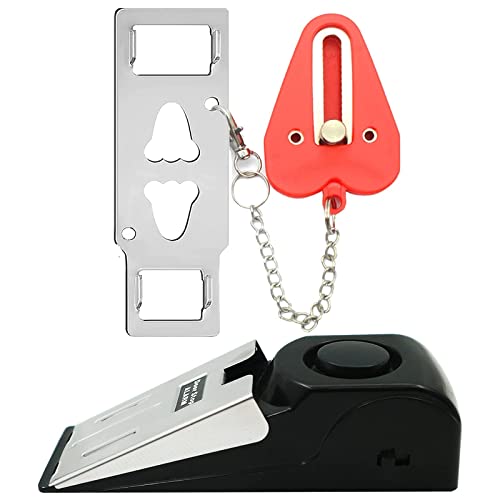 A tan 2-piece security door kit including a portable door lock and a door stop alarm, shown in a compact travel setup, ideal for enhancing security in various settings