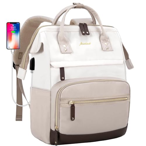 Focdod Laptop Backpack in beige-khaki, featuring a spacious design with multiple compartments, a USB charging port, an anti-theft pocket