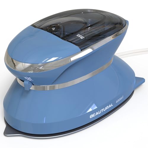 BEAUTURAL Mini Travel Steam Iron with dual voltage, non-stick soleplate, and detachable water tank, ideal for travel, quilting, and handcrafts