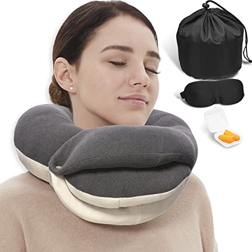 BUYUE Travel Neck Pillow – 360° Head Support with Adjustable Size, Includes 3D Eye Mask, Earplugs, and Travel Bag for Enhanced Comfort