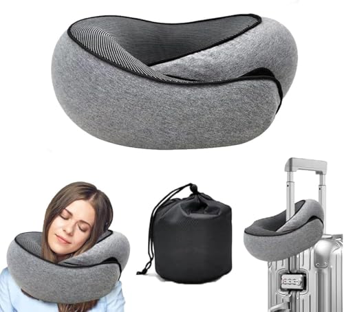 WEERSHUN Memory Foam Travel Pillow with chin support, displayed in a comfortable position. Features include anti-stick design and compact size, ideal for airplanes, cars, and office use