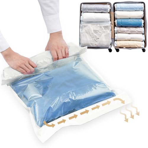 Set of 12 TAILI Travel Compression Bags in cream and transparent design, perfect for space-saving organization while traveling, including 6 large and 6 medium bags