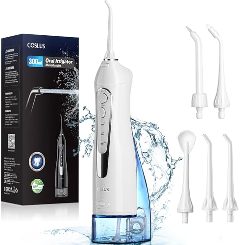 COSLUS Portable Water Flosser with 300ml tank, 30-day battery life, IPX7 waterproof design, and 5 interchangeable nozzles