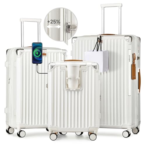 Joyway 3-Piece Luggage Set in white with expandable design, spinner wheels, TSA lock, USB port, and ergonomic handles