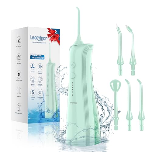 Leominor Water Dental Flosser in Green - Portable and cordless dental irrigator with 5 modes, IPX7 waterproof design, and long-lasting 2500mAh battery