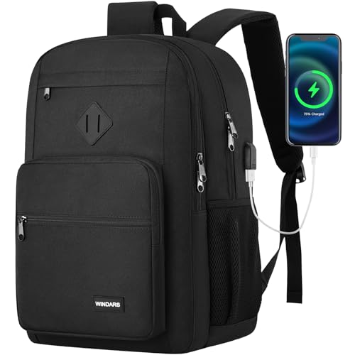 Durable WINDARS Black Backpack featuring a waterproof oxford fabric, 17.3-inch laptop compartment, USB charging port, anti-theft pocket