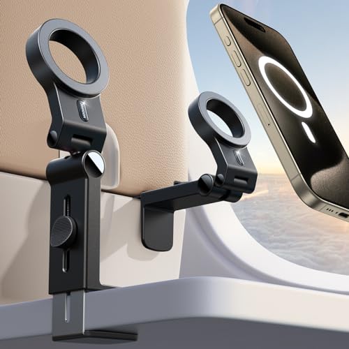 JOYROOM MagSafe Airplane Phone Holder securely holding an iPhone on an airplane tray table, showcasing its hands-free convenience