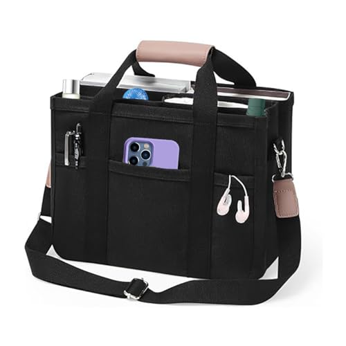 Black Multi-Pocket Canvas Tote Bag with large capacity, featuring multiple compartments