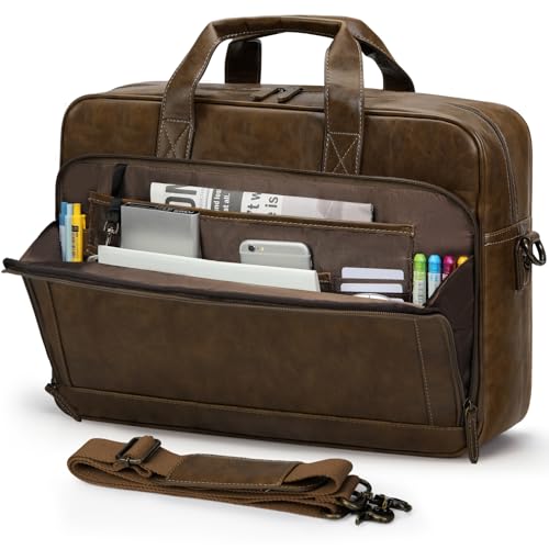 RAINSMORE 16 Inch Leather Laptop Briefcase in brown, showcasing its vintage design with durable PU leather, multiple compartments, and adjustable shoulder strap for versatile use