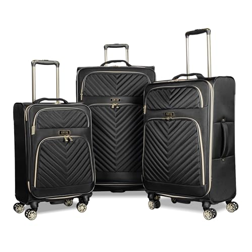 Kenneth Cole REACTION Chevron Quilted 3-Piece Luggage Set in Black, featuring a stylish quilted exterior with 8-wheel spinners and a retractable handle