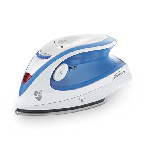 Sunbeam Hot-2-Trot Travel Steam Iron with dual voltage, non-stick soleplate, and ergonomic handle, designed for compact portability and efficient wrinkle removal